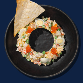 Салат оливье с копченой треской из нашей коптильни